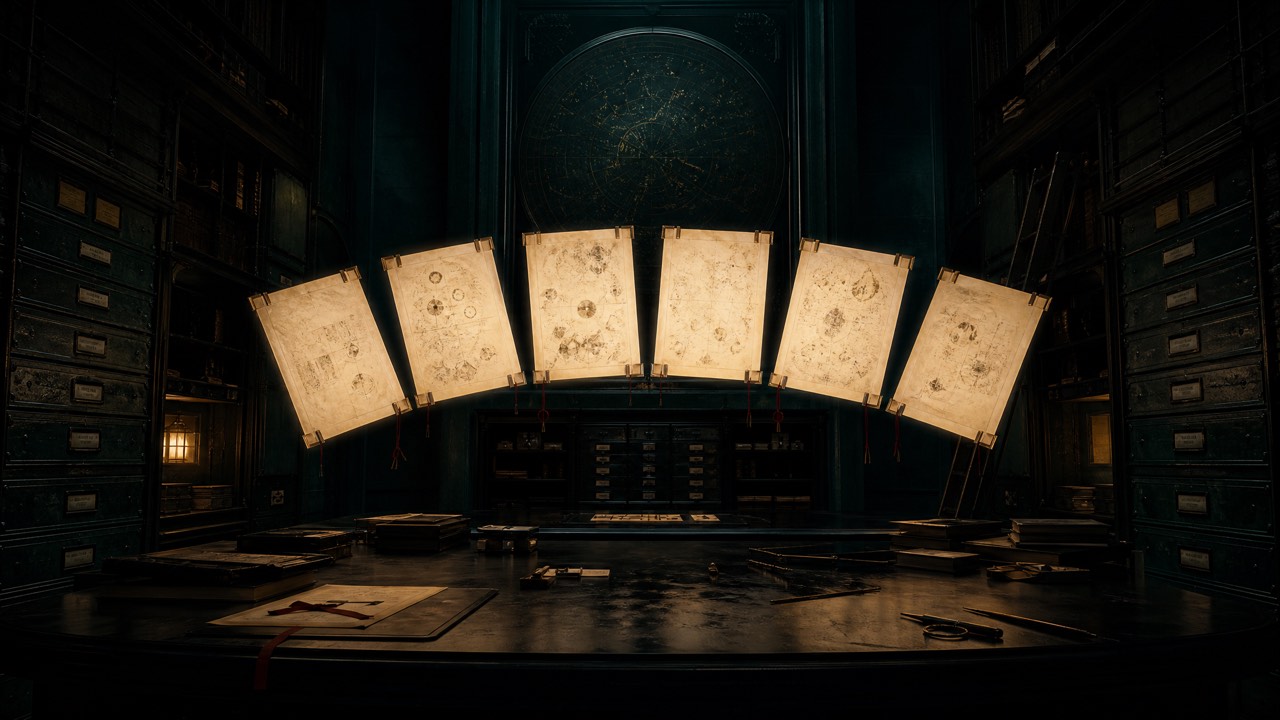 A dark archive table with luminous manuscript folios.