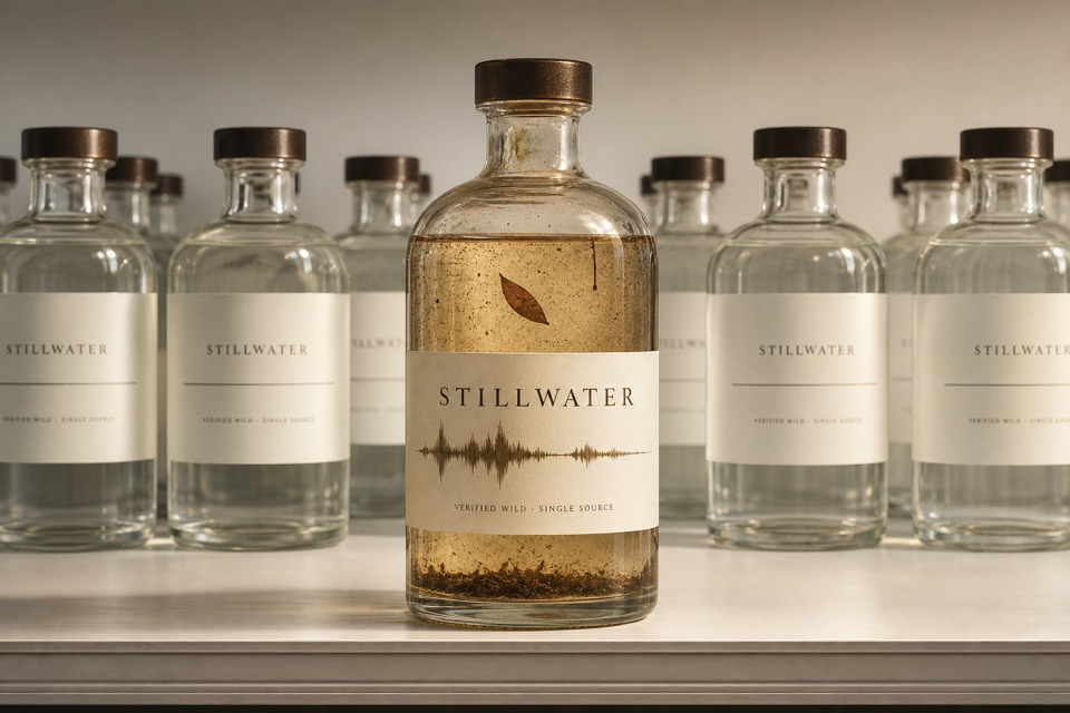 A glass bottle of amber creek water labeled Stillwater stands before rows of clear replica bottles.