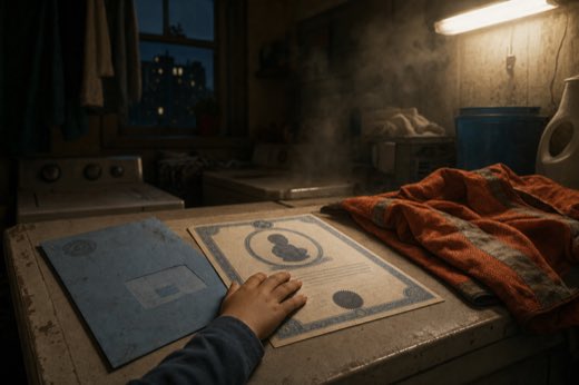A blue official envelope and child-life document lie on a laundry-room table beside a child’s hand and an orange work vest.