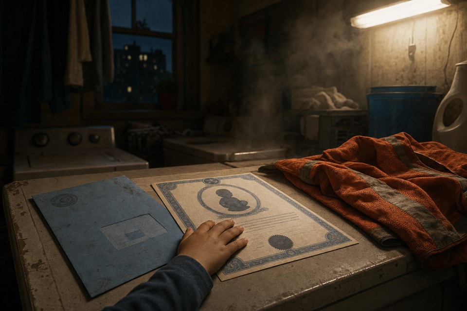 A blue official envelope and child-life document lie on a laundry-room table beside a child’s hand and an orange work vest.