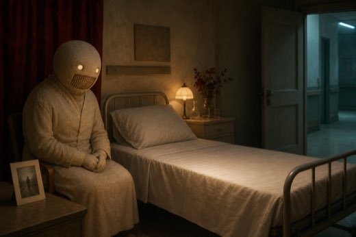 A soft humanoid care figure keeps vigil beside an empty hospital bed in a dim room.