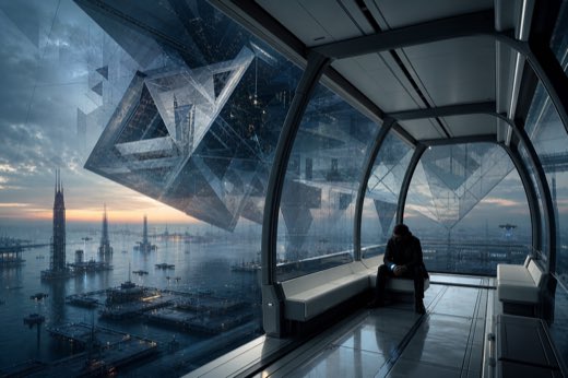 A solitary figure sits inside a sterile transit pod above a drowned city and crystalline machine forms.