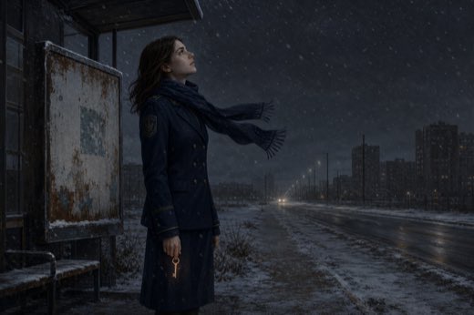 A young woman in a dark uniform stands alone at a snowy bus stop holding a copper key.