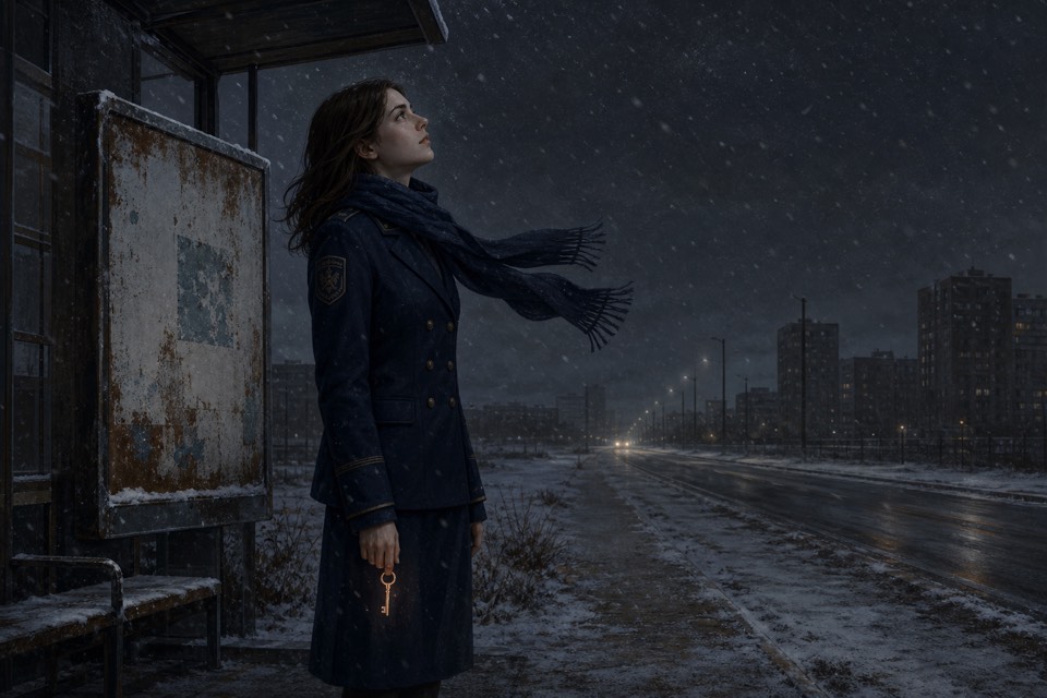 A young woman in a dark uniform stands alone at a snowy bus stop holding a copper key.