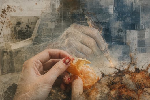Layered hands, a peeled orange, and archival interface fragments overlap in a memory collage.
