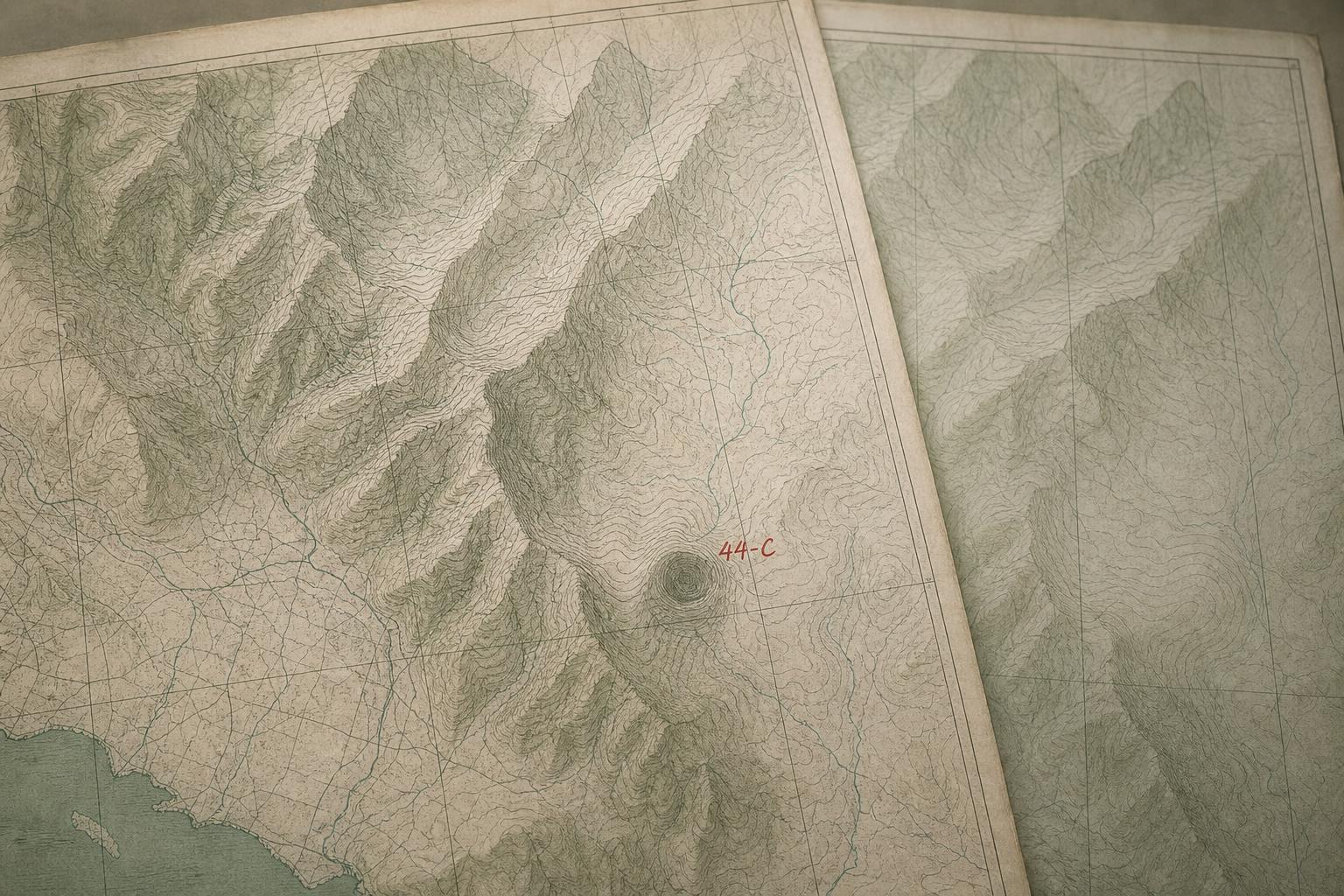 A topographic map shows a small hand-marked 44-C depression over a ghosted smoother map where the feature is erased.