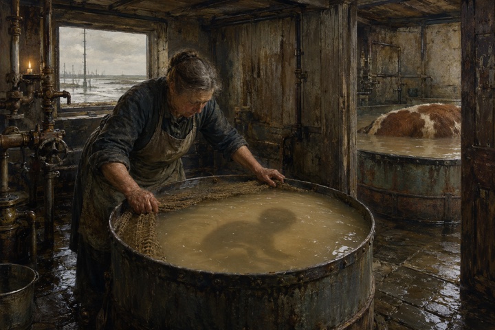 An elderly worker leans over a riveted copper nursery vat whose cloudy saline obscures a curled human-shaped silhouette, with a much larger submerged Hereford calf visible in an adjacent agricultural vat.