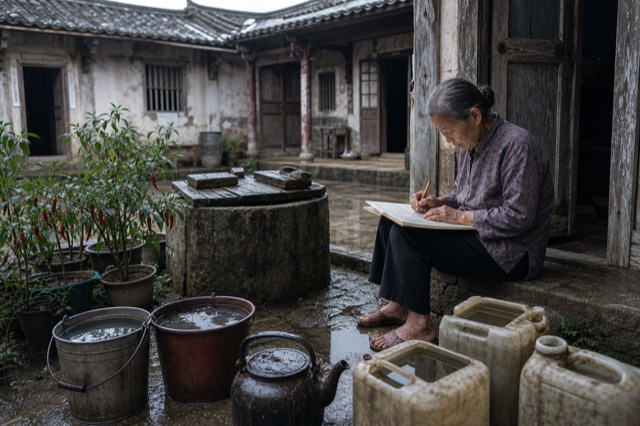 An elderly Chaoshan woman writes in a ledger beside a rain-darkened stone well, chili plants, buckets, jerrycans, and a kettle in a traditional courtyard after a typhoon.