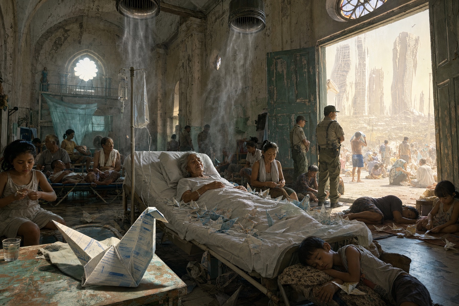 An elderly woman lies on a hospice bed in a decaying church cooling hall while families rest on the floor, paper birds cover the bedding, and guards watch a white-hot city outside.