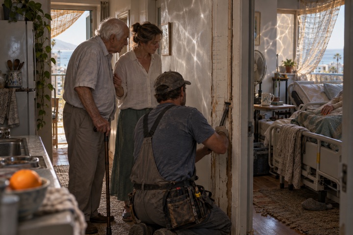 In a sunlit coastal apartment, an older white-haired man with a cane and his younger-looking mother watch a contractor work on a marked doorjamb beside a lived-in care room.