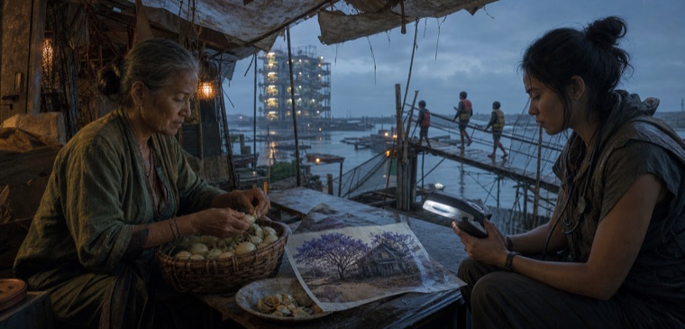An older woman shells fruit under a wet pontoon awning while a younger body auditor holds a medical scanner beside a curling jacaranda photograph.
