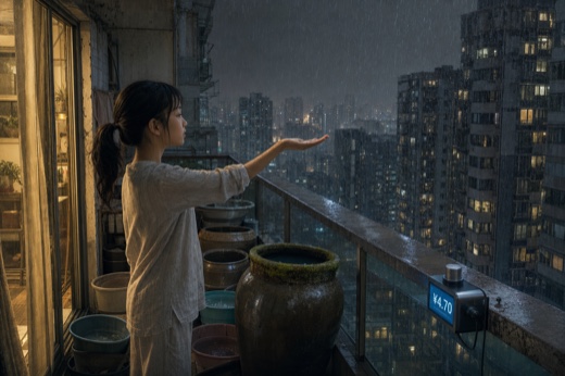 Twelve-year-old Liang Zhixia reaches into fine rain on a seventeenth-floor balcony filled with ceramic vats and basins while a cold-blue meter displays ¥4.70.