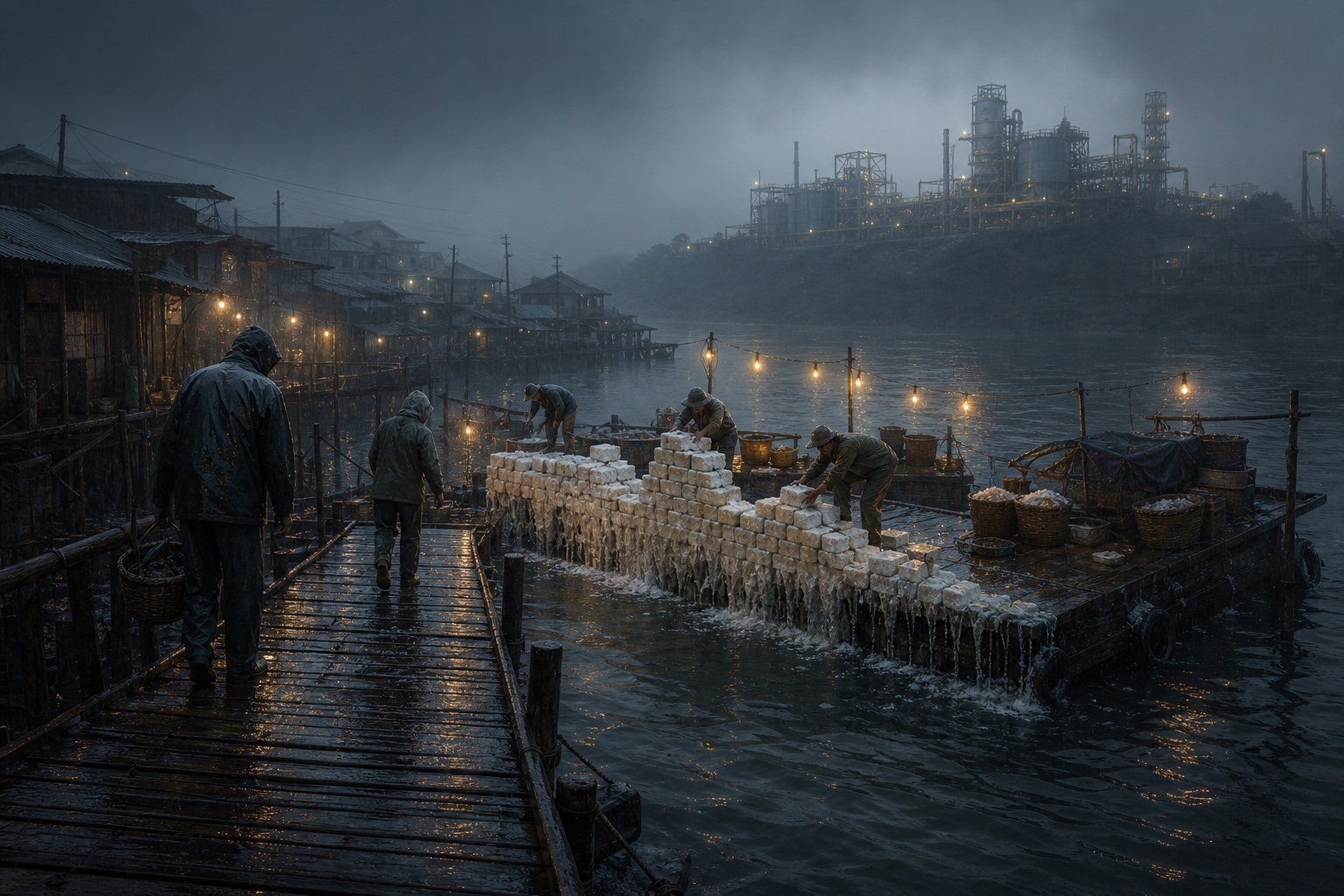 Residents in rain gear stack a dissolving wall of white salt bricks on a flooded market platform while a desalination plant glows through mist across the estuary.